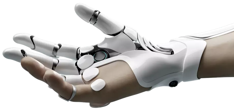 An open hand, a half-part human and a half-part robotic