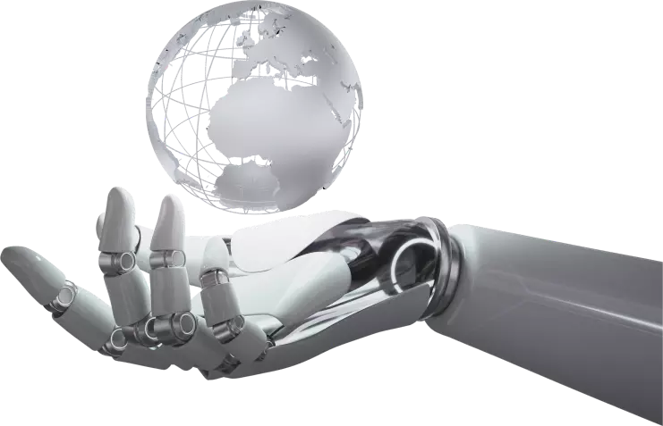 A robotic, open hand holding a world above its palm